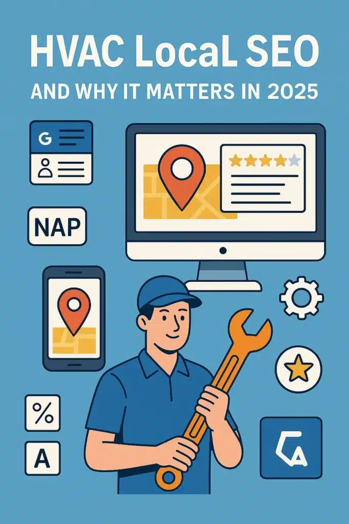 Infographic showing HVAC local SEO strategies for 2025 with icons of Google Business Profile, location pins, mobile optimization, and reviews