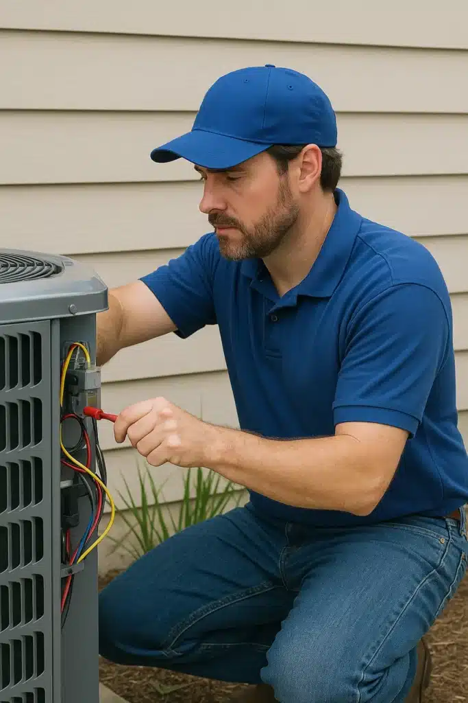 HVAC technician performing maintenance on an air conditioning unit at a residential property in Houston.