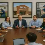 CEO leading a strategic meeting with 10 HVAC professionals, discussing business growth strategies in a Houston office setting.