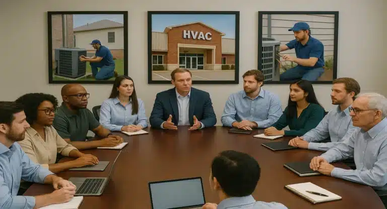 CEO leading a strategic meeting with 10 HVAC professionals, discussing business growth strategies in a Houston office setting.