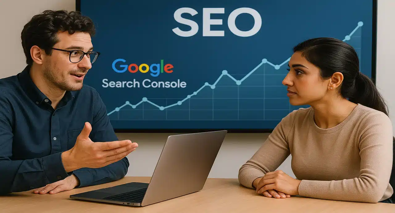 Two professionals discussing SEO strategies while seated at a table with a laptop, with an SEO growth chart from Google Search Console displayed in the background.
