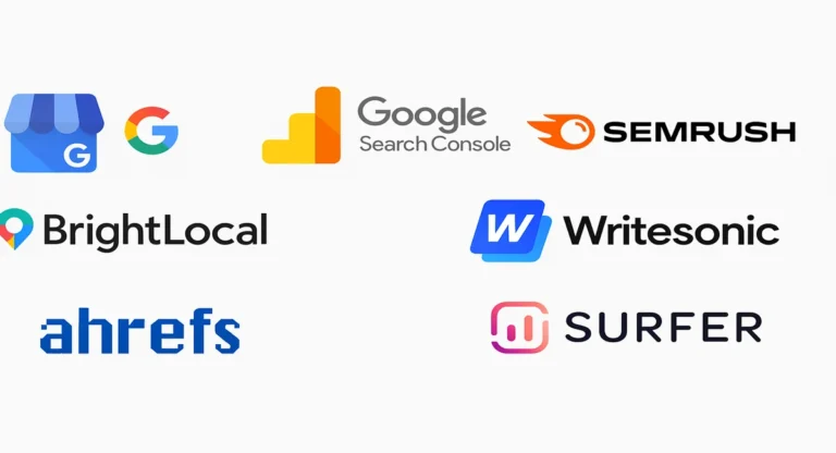 Logos of top 8 SEO tools for HVAC marketing: GBP, GA4, GSC, Semrush, BrightLocal, Ahrefs, Writesonic, Surfer SEO.