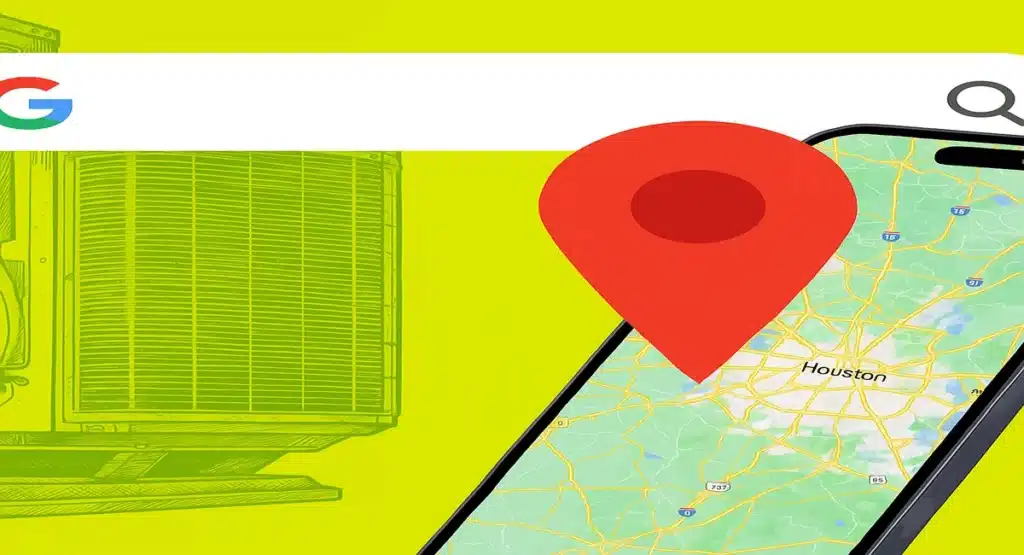 HVAC technician managing local SEO strategy for Houston business with Google Maps on screen